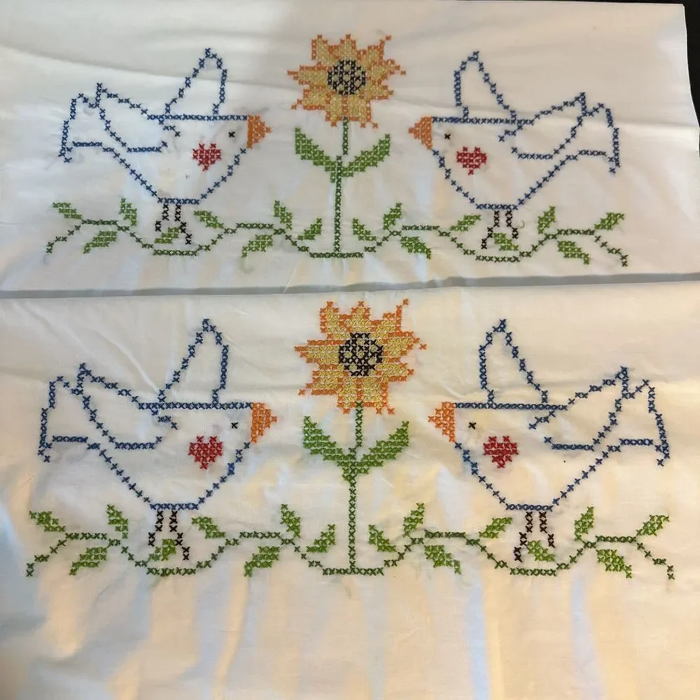 Hand Cross stitched Pillowcases Floral Bird Standard Sz Farmhouse Cottage